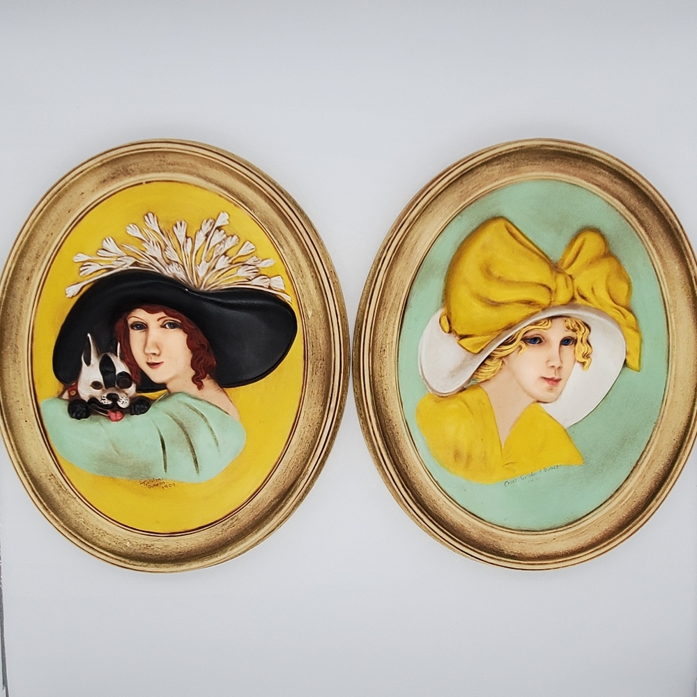Pair of Vintage Erma Gilliland Duncan 1909 and 1910 Round Wall Ceramics - Ladies